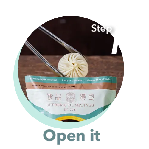 Opening a bag of Supreme Dumplings, featuring an authentic Taiwanese recipe co-developed by a team of former Din Tai Fung head chefs using premium local ingredients.