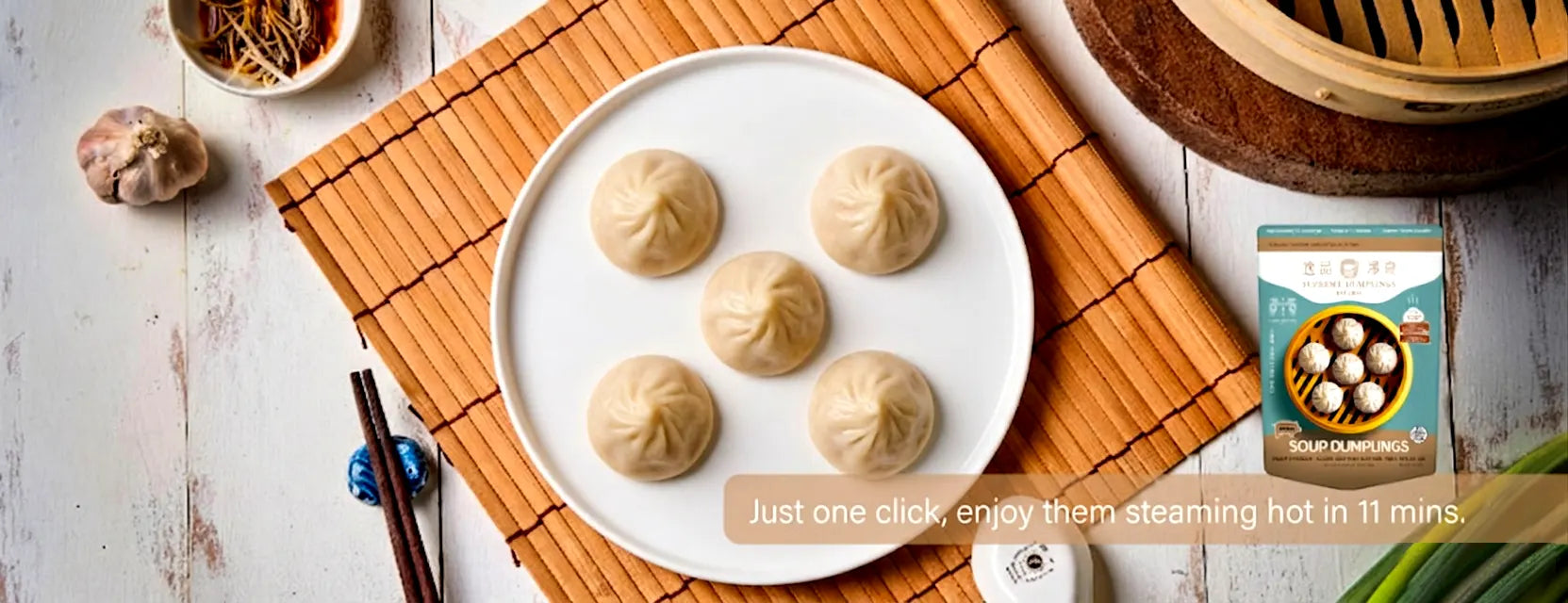 A blog cover image showing high-quality frozen soup dumplings on a plate, featuring the 11-minute quick cooking time for Supreme Dumplings.