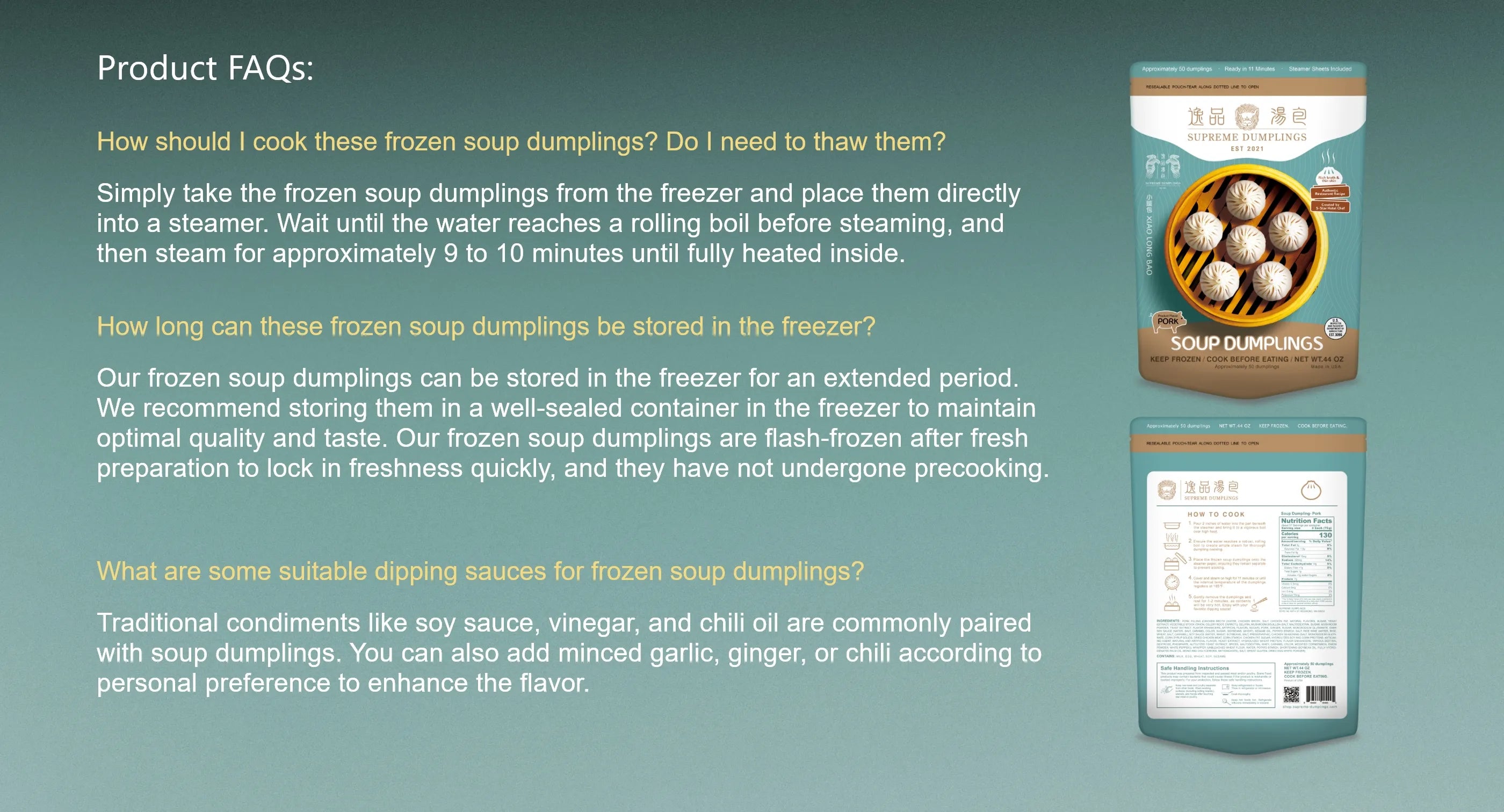 Supreme Dumplings Product FAQs: Expert guide on steaming frozen soup dumplings for 9-10 minutes and flash-freezing technology to lock in the authentic Taiwanese freshness.