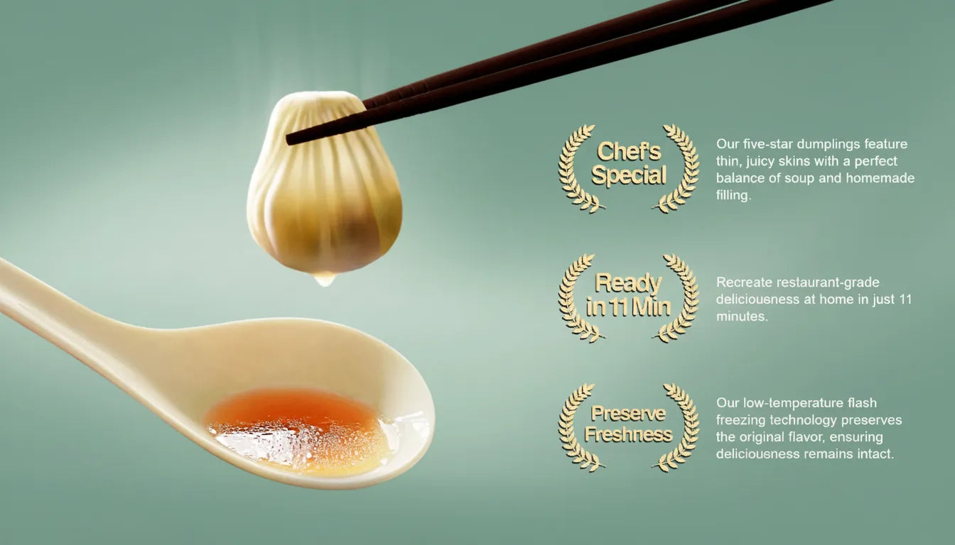 Supreme Dumplings' chef-special soup dumplings featuring a perfect balance of rich broth and thin skin, restored to restaurant-grade quality in 11 minutes.